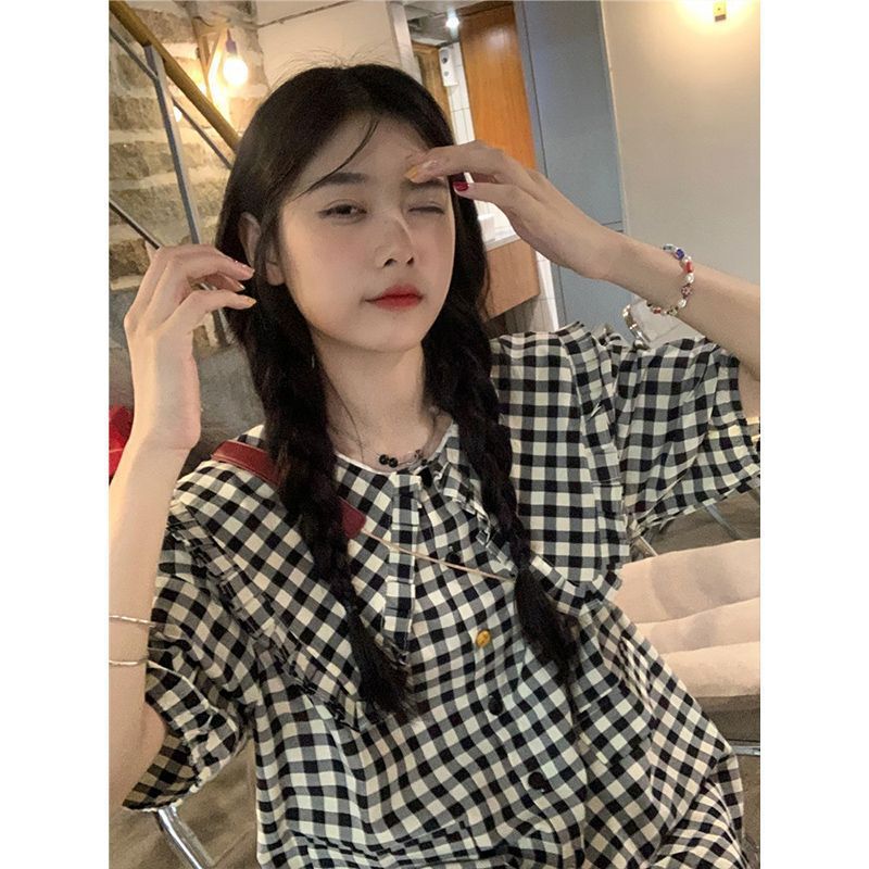 French-Style Design Niche Plaid Doll Collar Short-Sleeve Shirt for Women, New Summer Loose Fit Slimming Puff Sleeve Top French-Style Design Niche Plaid Doll Collar Short-Sleeve Shirt for Women, New Summer Loose Fit Slimming Puff Sleeve Top