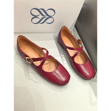 羊皮版~圆头交叉扣芭蕾玛丽珍鞋女2025秋季新款酒红色平底单鞋女