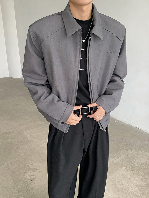 cleanfit黑色短款夹克外套男春秋款高级感痞帅垫肩翻领正肩棒球服|undefined