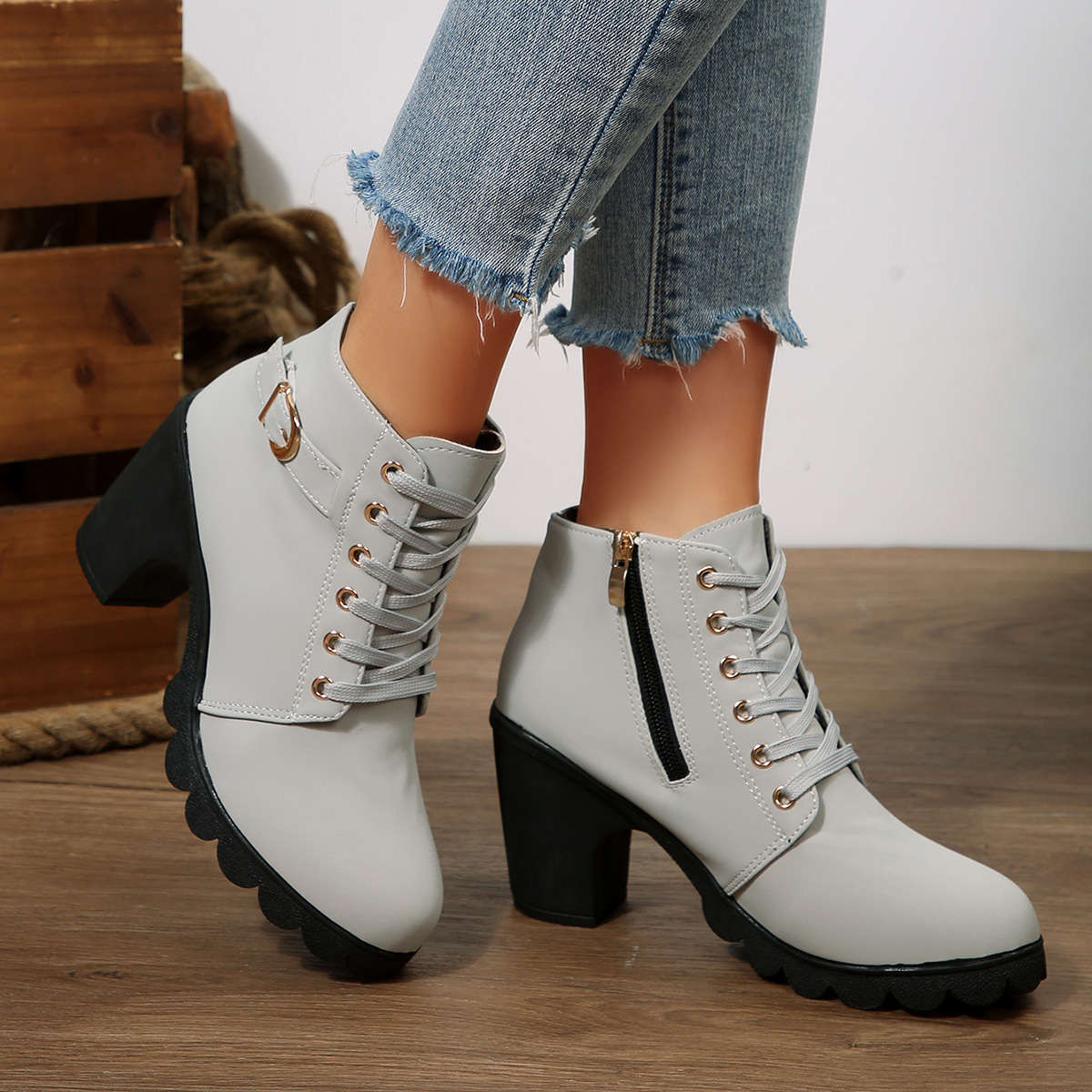 ShoeVault Women's Leather Low-Cut Chunky Round Toe High Heel Lace-Up Brown Ankle Boots Spring Autumn Plus Size Height Increasing_vogvips.com