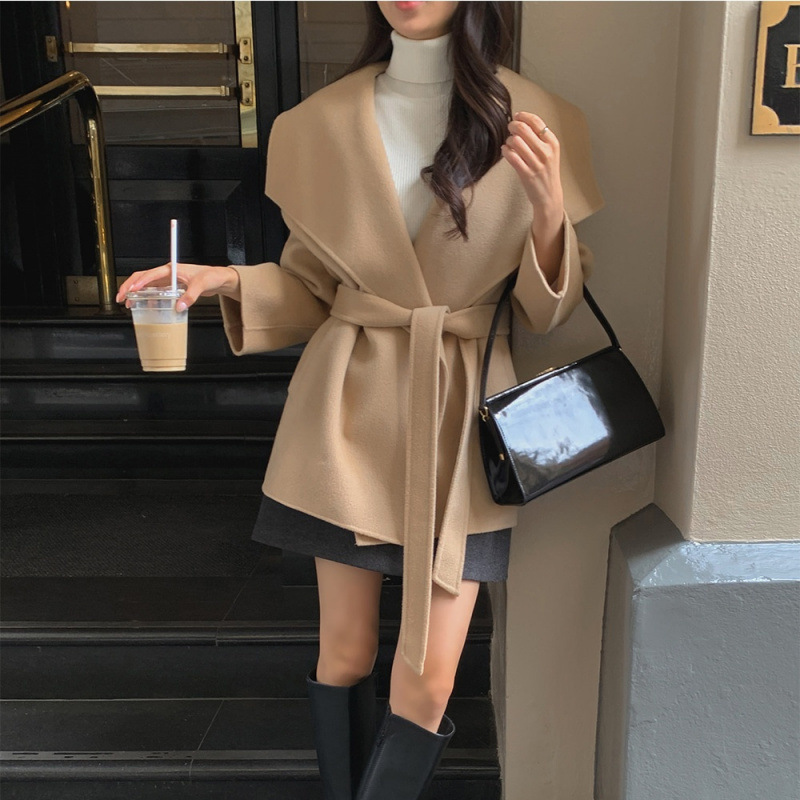 In-Stock Korean Chic French Retro Elegant Shawl Collar Pocket Tie Wool Coat Casual Overcoat