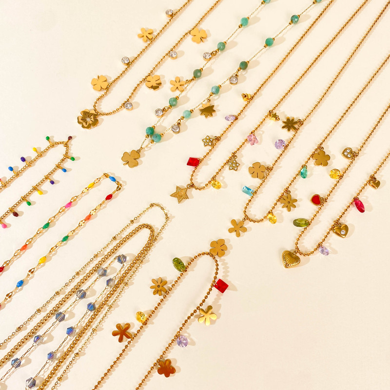 European and American Cross-Border Jewelry Dopamine Necklace Minimalist Luxury Pendant Titanium Steel Zircon Beaded Collarbone Necklace Wholesale