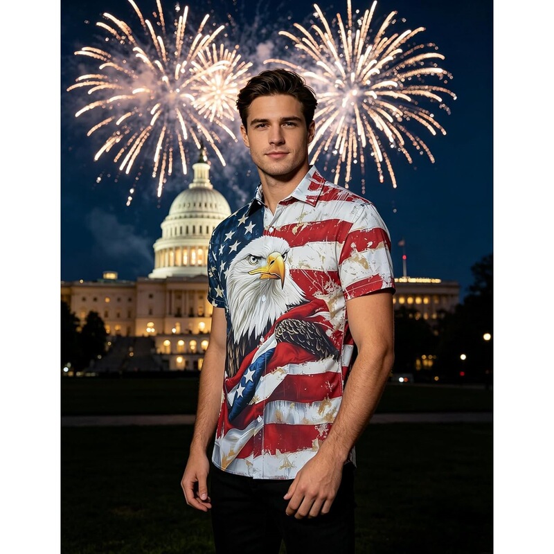 Raisevern Men's Patriotic Shirt 4Th of July American Flag Hawaiian Shirt Button down Short Sleeve