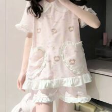 日系甜美粉色兔熊睡衣女夏季短袖短裤娃娃领两件软萌公主风家居服