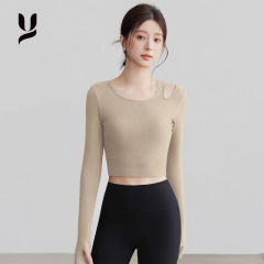 带胸垫瑜伽服长袖T恤女2025春秋显瘦运动跑步普拉提健身速干上衣