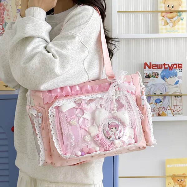 College Girl Crossbody Bag Large Capacity Transparent Shoulder Bag Millet Bar Tie Board Large Capacity Lace Pain Bag Baby Bag