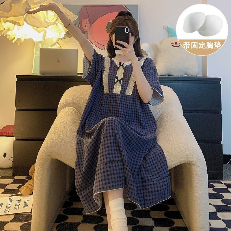 Nightgown with Breast Pads for Women, Summer Short-Sleeved Cloud Cotton Plus Size for Fat Girls 150kg Cute Hello Kitty Mid-Length Nightgown Nightgown with Breast Pads for Women, Summer Short-Sleeved Cloud Cotton Plus Size for Fat Girls 150kg Cute Hello Kitty Mid-Length Nightgown