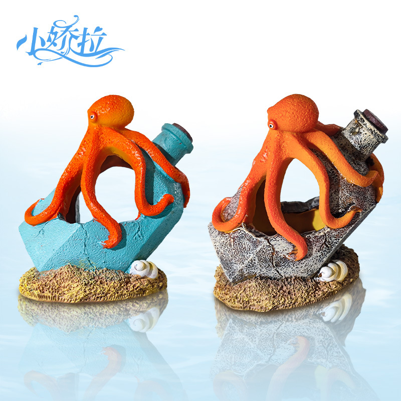 Artículo superventas transfronterizo: Pulpo desgastado en botella de vidrio azul y gris, decoración para acuarios, escondite para peces y camarones, Xiaohongshu