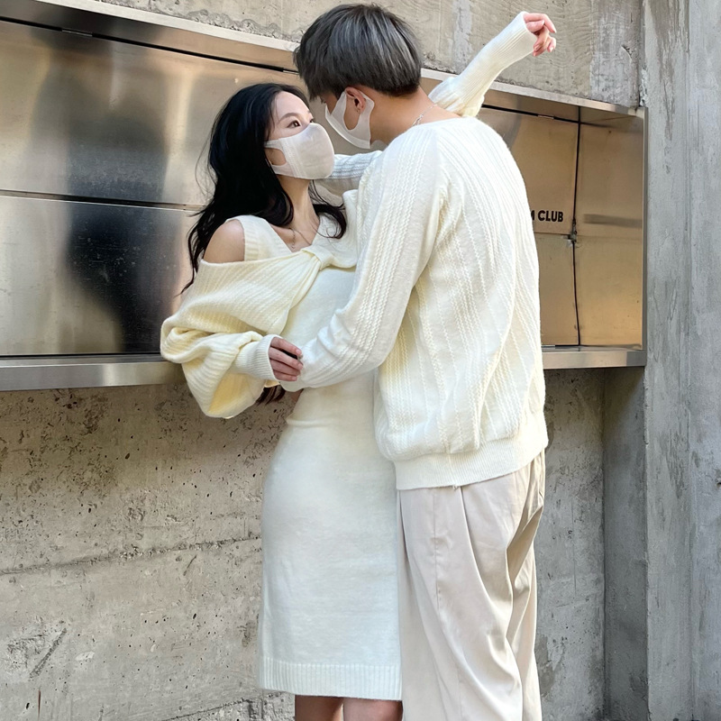 커플 스웨터 2022 가을 겨울 여성 목도리 활 순수 슬링 원피스 크루 넥 남성 니트웨어