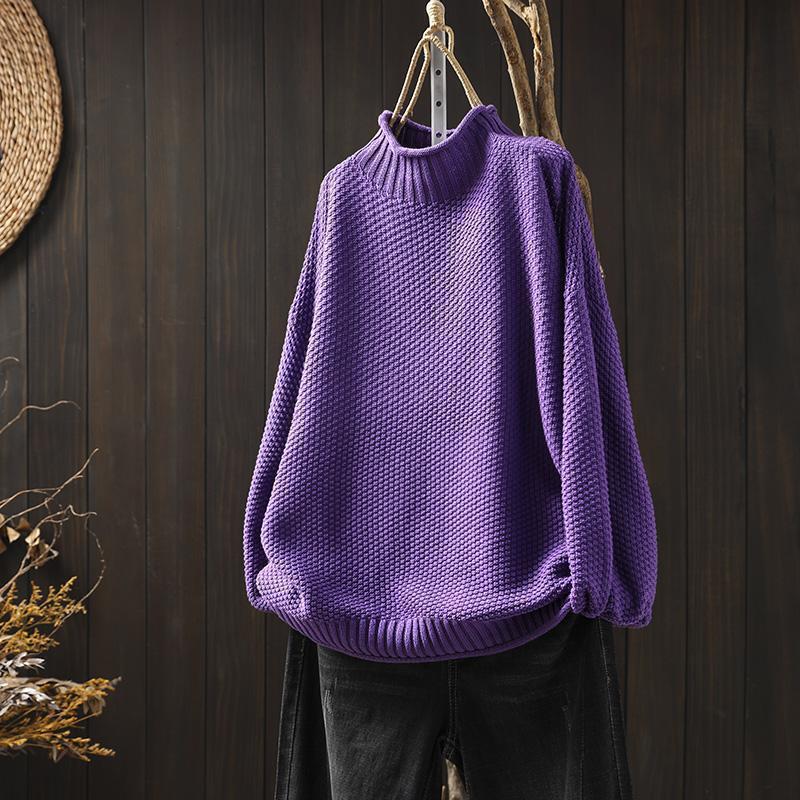 Red Vintage Artistic Half-Turtleneck Sweater for Women, Loose Oversized Fit, 2025 Autumn and Winter Casual Pullover Knit Base Shirt