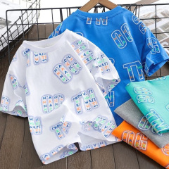 男童短袖兒童t恤滿印時髦夏裝2024新款中大童帥氣薄寬鬆半袖上衣