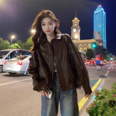 美式复古长袖皮衣外套女初秋季宽松翻领上衣小众设计感PU皮机车服