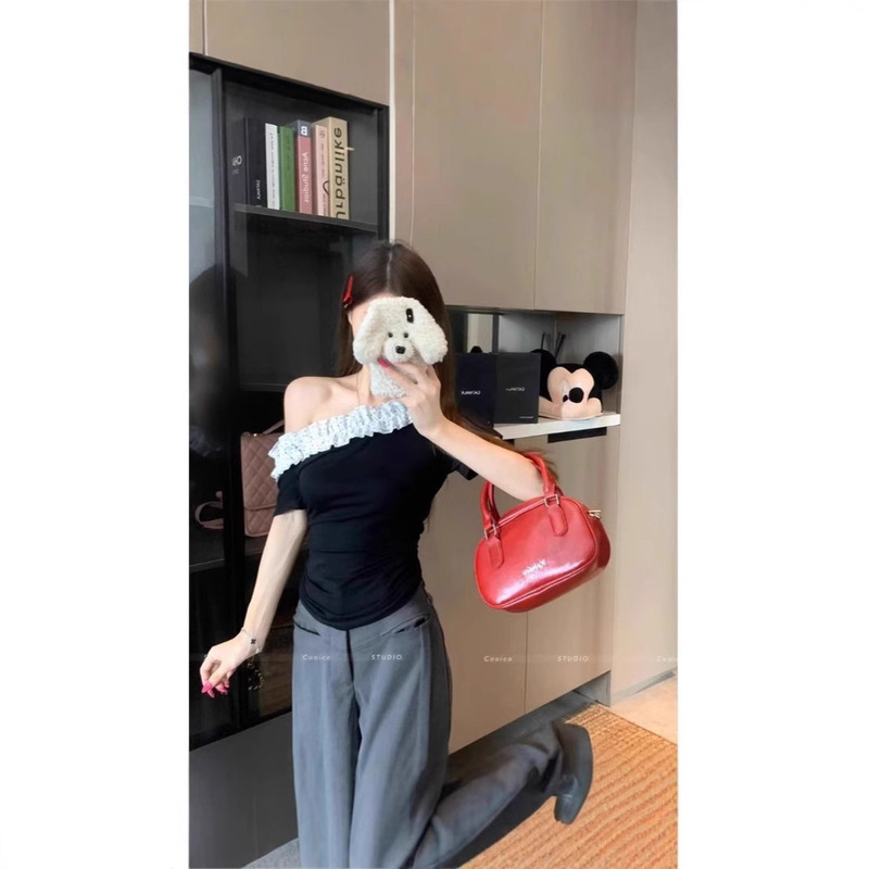 French Design Sense Multi-Layer Lace Slant Collar Short-Sleeved T-Shirt Women's Summer Niche Chic Slim-Fit Slimming Shoulder Top