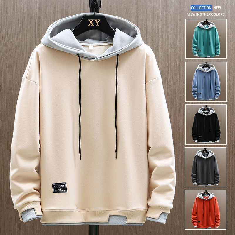 Factory direct fake two-piece hooded sweater men's fashion brand trend loose leisure sports good-looking bottoming shirt clothes