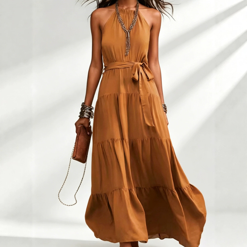 Women's Backless, Tie-Waist A-Line Long Dress, Suitable for Everyday Casual Wear and Beach Vacations