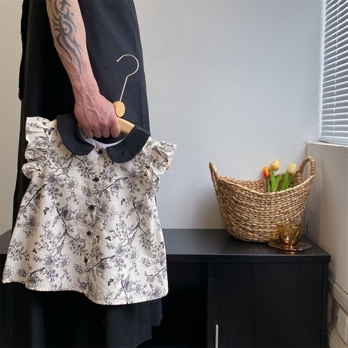 2024 spring and summer Korean style girls summer shirt short-sleeved doll collar floral contrast half-sleeved top children's shirt