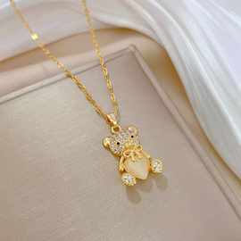 【钛钢】轻奢气质华丽满钻猫眼小熊项链女网红百搭锁骨链钛钢链条