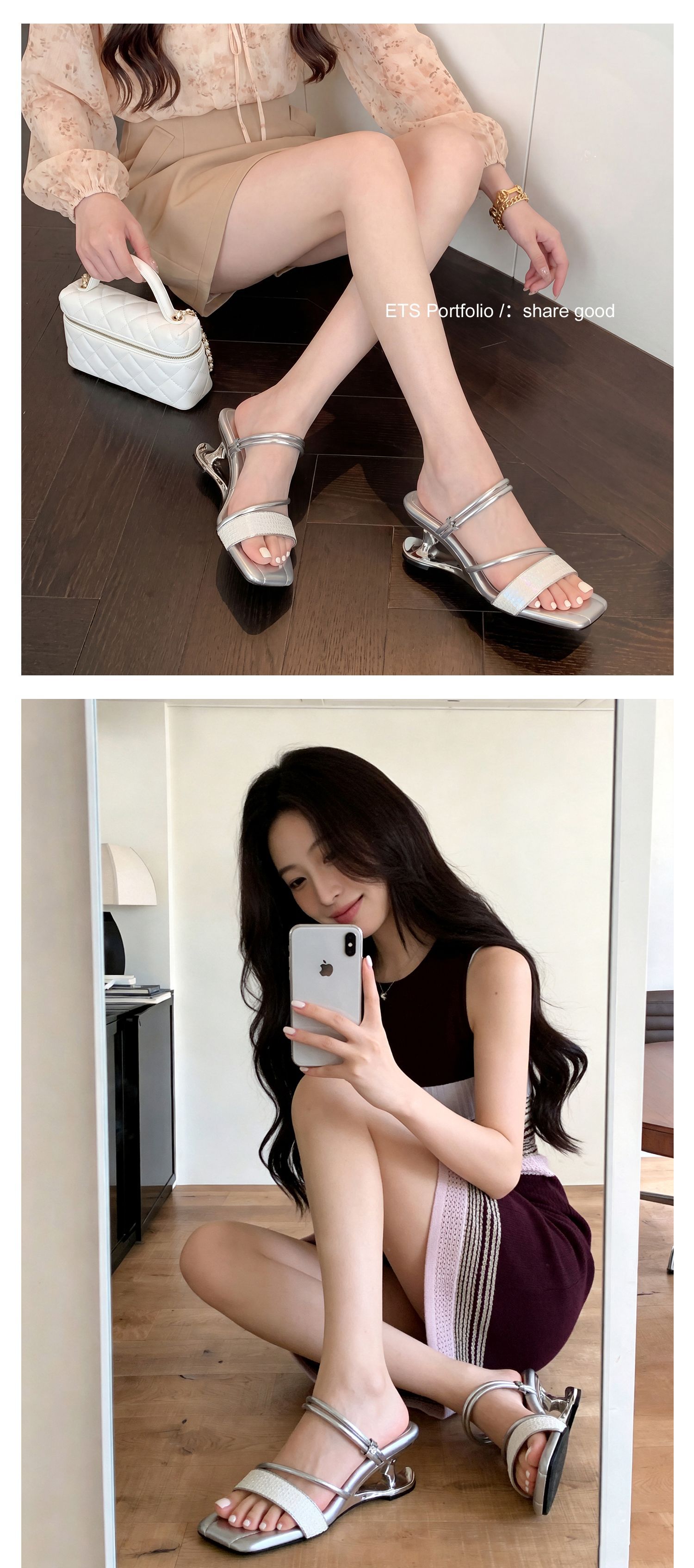 Sandal cao gót nữ quai mảnh mũi vuông hở mũi, gót dị hình, có thể xỏ kiểu một dây hoặc hai dây — màu vàng, bạc chi tiết 20