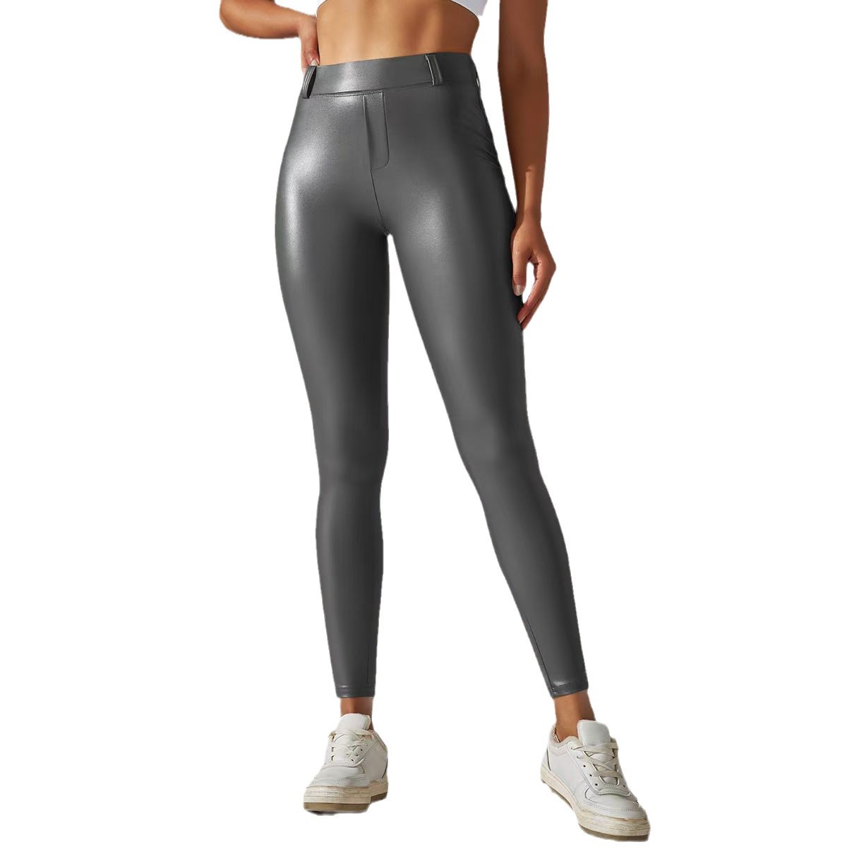 2024 Europa y América Pantalones de cuero PU mujeres de cintura alta ajustados pantalones de bolsillo molido leggings nuevo otoño invierno
