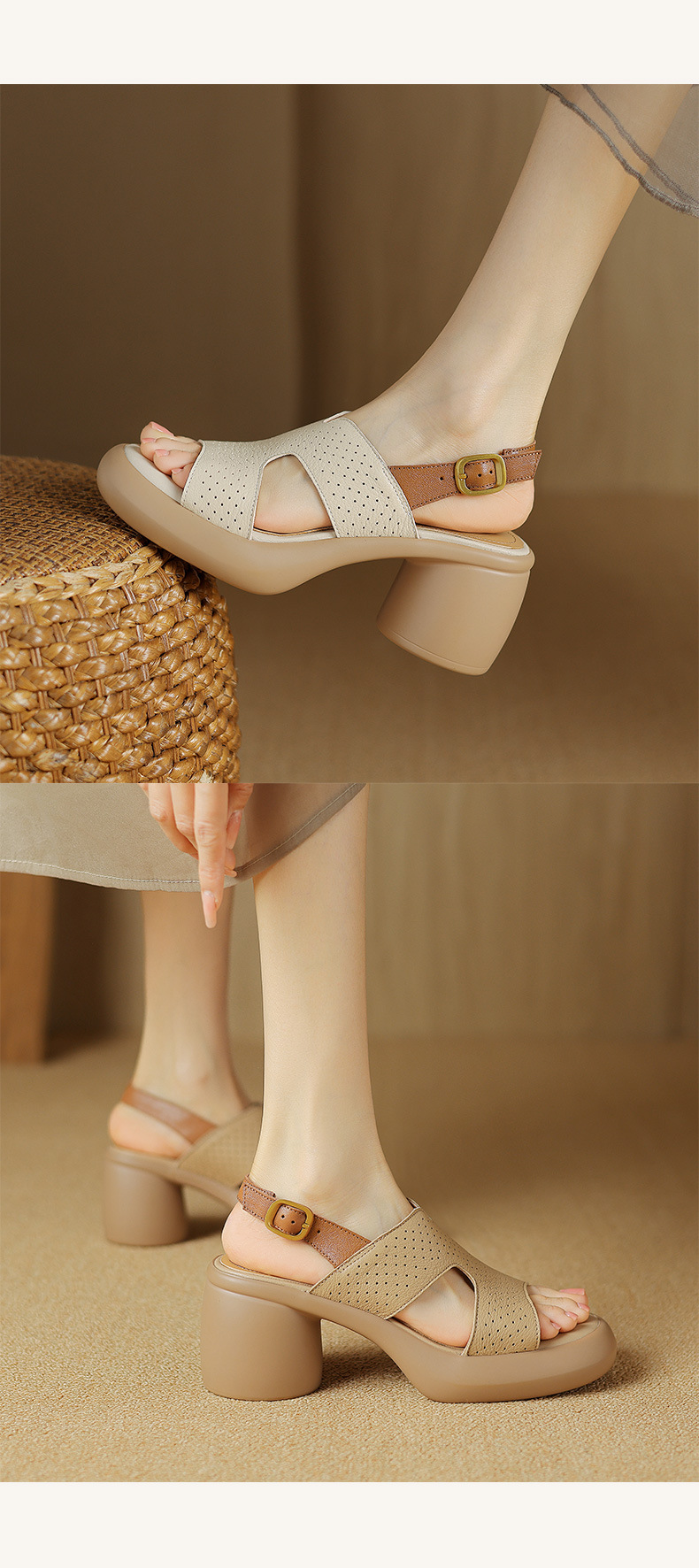 Sandal cao gót hở mũi nữ đế dày da cừu quai ngang đục lỗ — Màu trắng be chi tiết 8