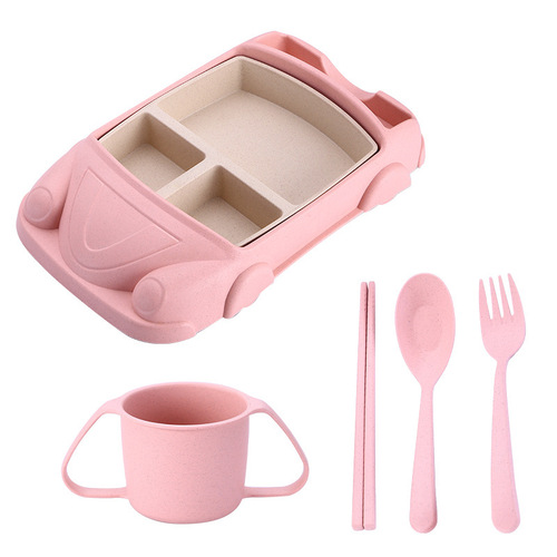 Set of 5 Wheat Straw Tableware for Home Use - Creative Child Divided Plate, Water Cup, Soup Spoon, Fruit Fork, Chopsticks
