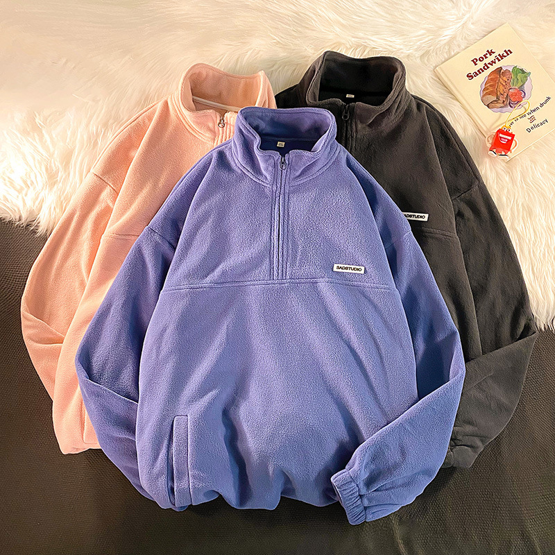 Men's fleece jacket, new autumn style, simple, versatile, loose-fitting half-card top, stand collar, couple jacket for men.
