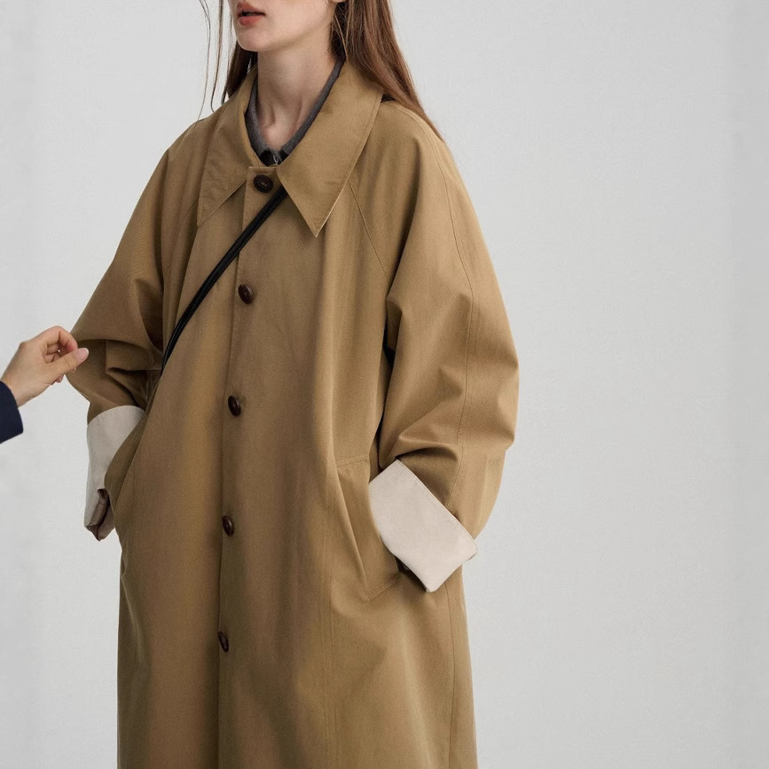 In-Stock Vintage Simple Color-Block Trench Coat with Woven Cotton Collar and Buttoned Mid-Length Coat in Stock