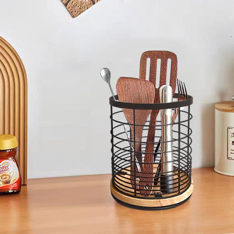 Cross-Border Kitchen Tableware Storage Rack Iron Wooden Knife and Fork Drain Rack Rotatable Cabinet Storage Basket Ready for Sale