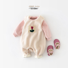 婴儿连体衣秋冬女宝宝加绒加厚毛毛爬服女童圆领一体绒打底上衣