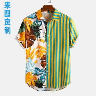 外贸工厂定制夏威夷衬衫不对称印花短袖热升华欧码沙滩衬衣订做