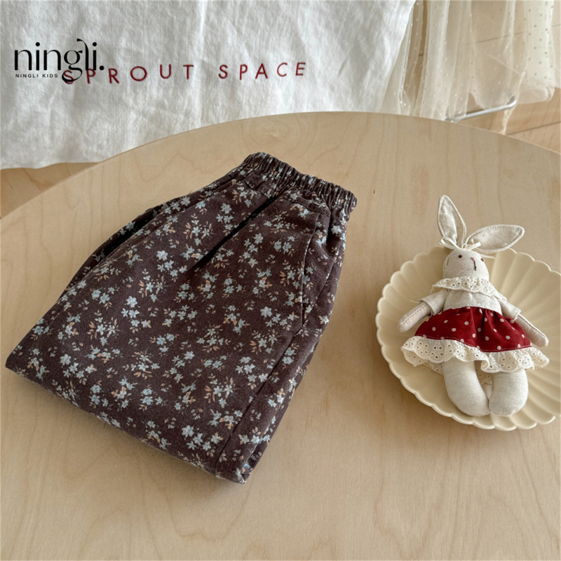 Ningli 子供服秋服女の子ベビー子供フォレストブルー小花柄ブルマパンツ女性用巾着9点パンツ|undefined
