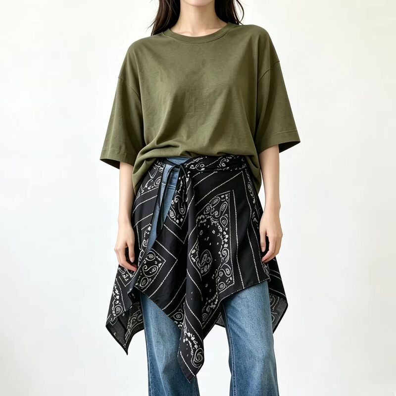 Layered with an irregular print skirt and a skirt overlay, this is a must-have accessory with an irregular hem and side tie straps Layered with an irregular print skirt and a skirt overlay, this is a must-have accessory with an irregular hem and side tie straps