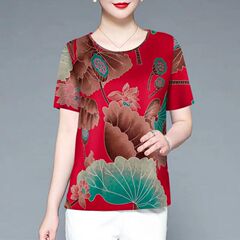 アイスtシャツの女性半袖の中高年の夏服は香雲紗のプリントの洋気の小さいシャツの中年の上着のゆったりしているお母さんをまねます。
