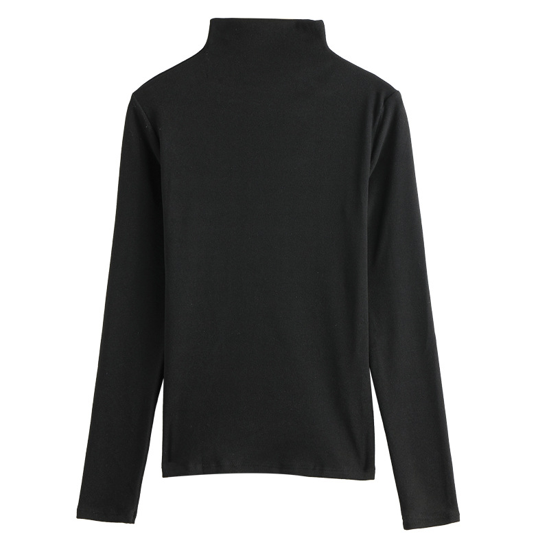 Medio cuello alto Medio cuello de terciopelo camisa de fondo forrada de lana Ropa interior de las mujeres Otoño e Invierno delgada camisa de fondo de color sólido negro apretado manga larga