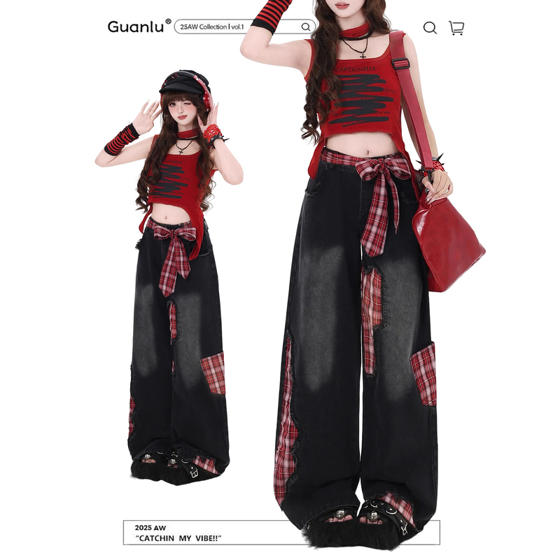 Black Bow-Tie Tie-Up Patchwork Wide-Leg Jeans for Women, Loose Denim Wide-Leg Pants, Slimming Long Pants for Women
