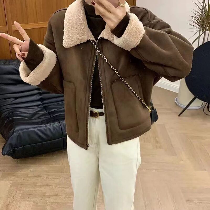 秋冬加绒加厚麂皮毛一体羊羔毛外套高中生女生翻领老钱风夹克干部|undefined