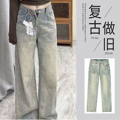 复古阔腿牛仔裤女夏季2025新款高腰宽松显瘦梨型身材毛边直筒裤子