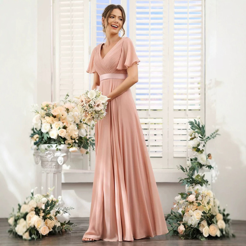 Elegant chiffon evening dress for European and American women, V-neck, A-line, waist-cinching, drapey, long skirt, suitable for weddings, bridesmaids, dinner parties, and gatherings Elegant chiffon evening dress for European and American women, V-neck, A-line, waist-cinching, drapey, long skirt, suitable for weddings, bridesmaids, dinner parties, and gatherings