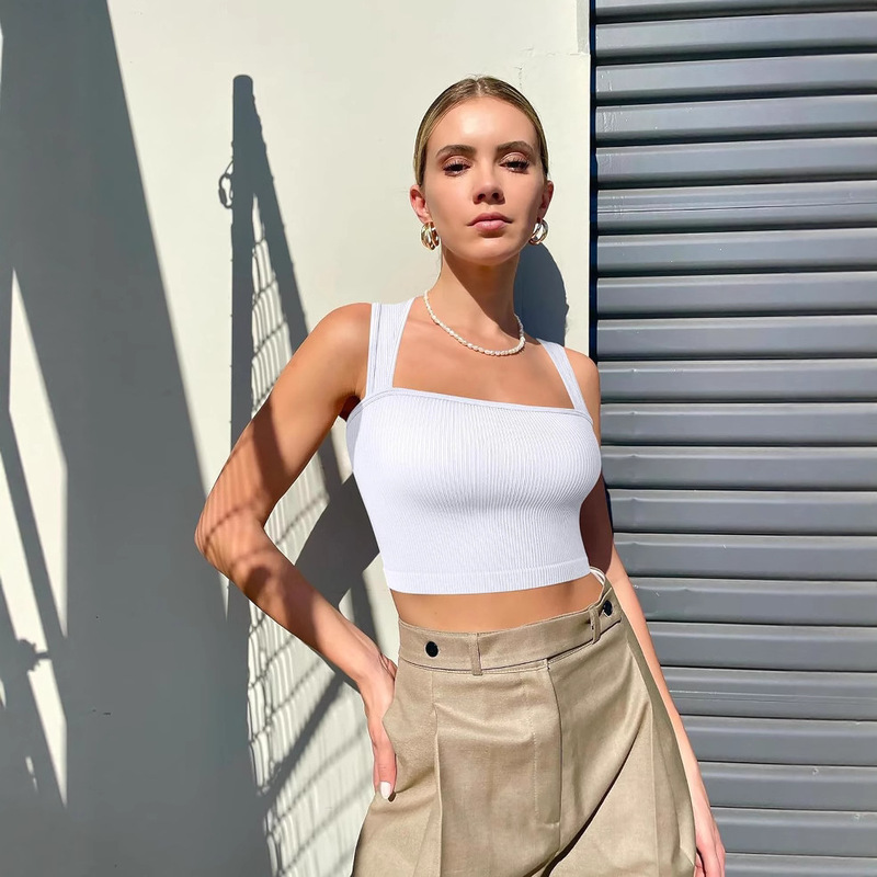 Cross-Border Amazon Women's Sleeveless Square Neck Stretch T-Shirt Crop Top Camisole Short Slim Tank Top Camisole Cross-Border Amazon Women's Sleeveless Square Neck Stretch T-Shirt Crop Top Camisole Short Slim Tank Top Camisole