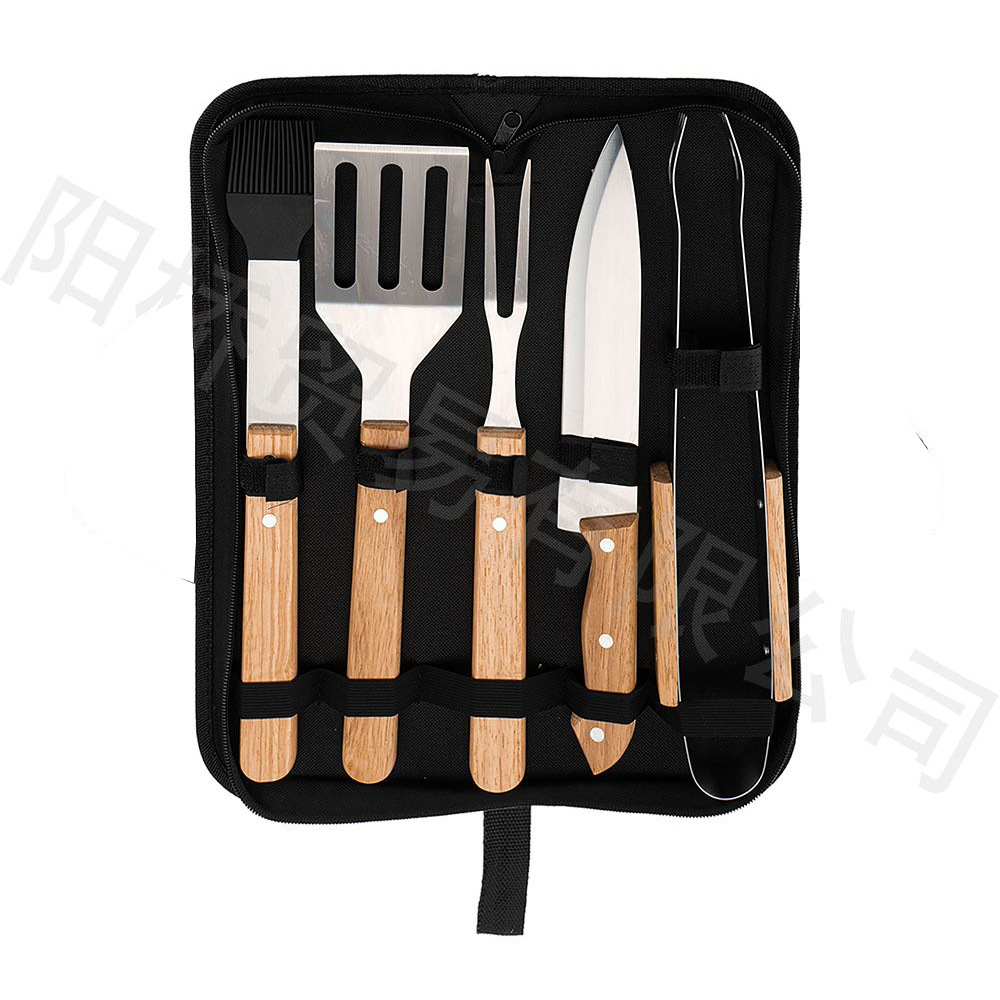 Fábrica amazon barbacoa herramientas bolsa de tela mango madera para hornear set traje picnic al aire libre cuchillo acero inoxidable tenedor pala clip