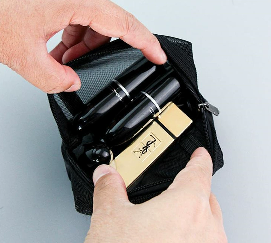 Black nylon cosmetic bag, travel bag, storage system, custom-made, polyester