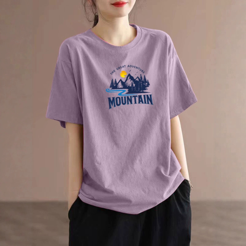 Loose Cotton Short-Sleeve T-Shirt for Petite Women, 2026 Spring/Summer Purple Oversized Round-Neck Outerwear T-Shirt