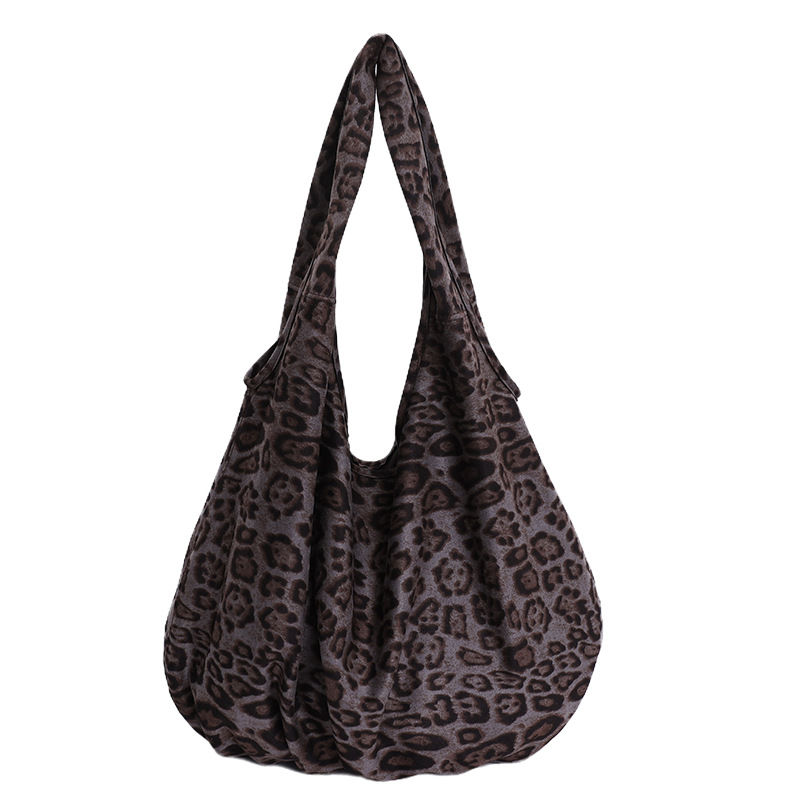 Women's 2025 Autumn/Winter New Suede Pleated Cloud Bag Large Capacity Leopard Print Shoulder Bag Shopping Tote - Thumbnail 7
