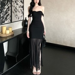 一字肩黑色无袖抹胸连衣裙女夏季网纱拼接鱼尾裙修身裙子包臀长裙