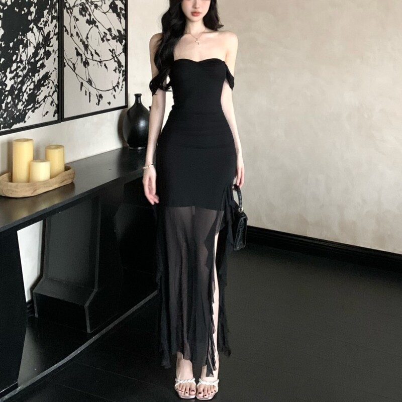 One-Shoulder Black Sleeveless Tube Top Dress for Women Summer Mesh Splicing Fishtail Skirt Slim Skirt Hip-Covering Long Skirt