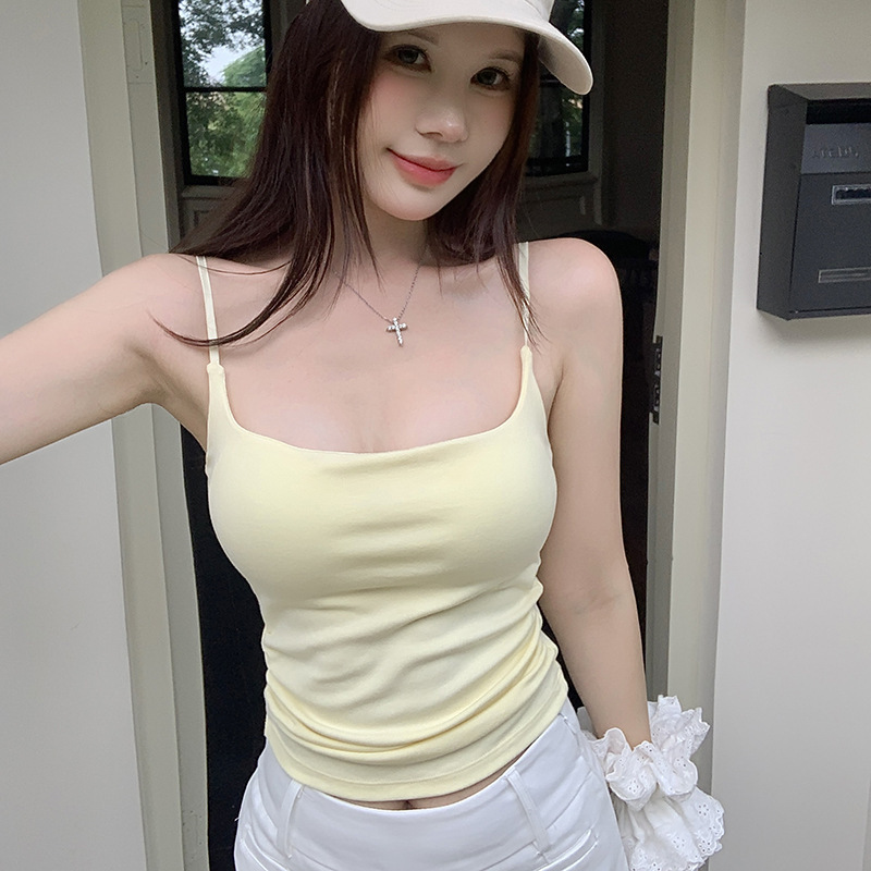 260 グラムホットガールスクエアネックプリーツ美しいバックベスト女性の夏の胸パッド付きインナーウェアとアウターウェア調節可能な美しいバックサスペンダー|undefined