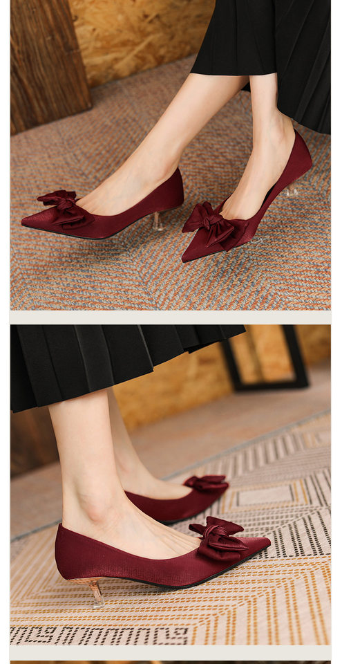 Giày cao gót nữ mũi nhọn gót nhọn 3–6 cm chất liệu satin da cừu thắt nơ — Màu mơ, Màu xanh lá, Màu đỏ rượu chi tiết 13