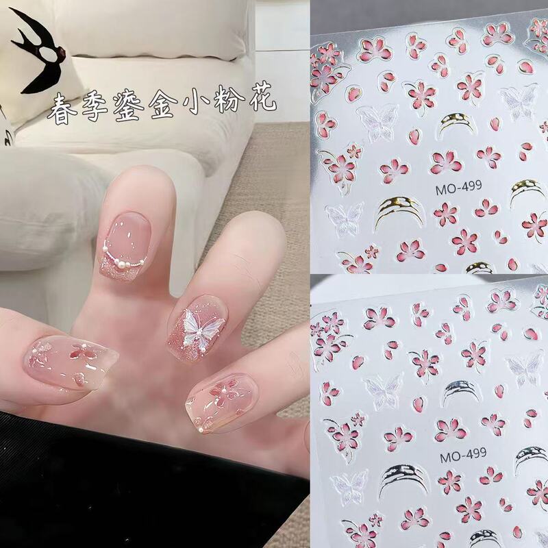 Spring new pink gilt small powder silver flower gold flower net red spring nail art sticker decoration butterfly nail relief