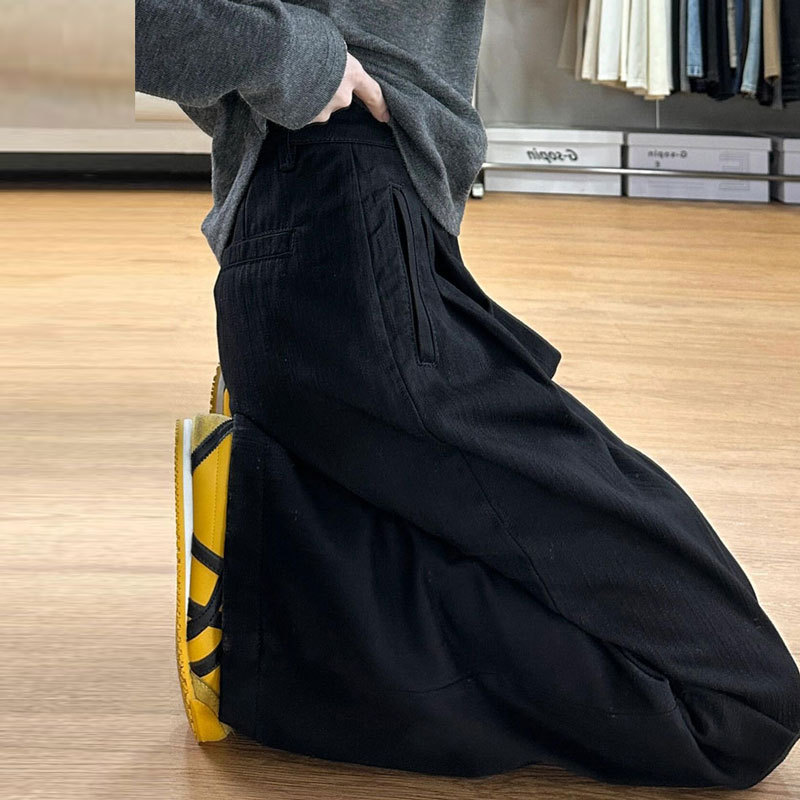Plus Size Black Textured Pleated Wide-Leg Jeans for Fat mm High-Waisted Loose Floor-Length Pear-Shaped Straight Pants for Women