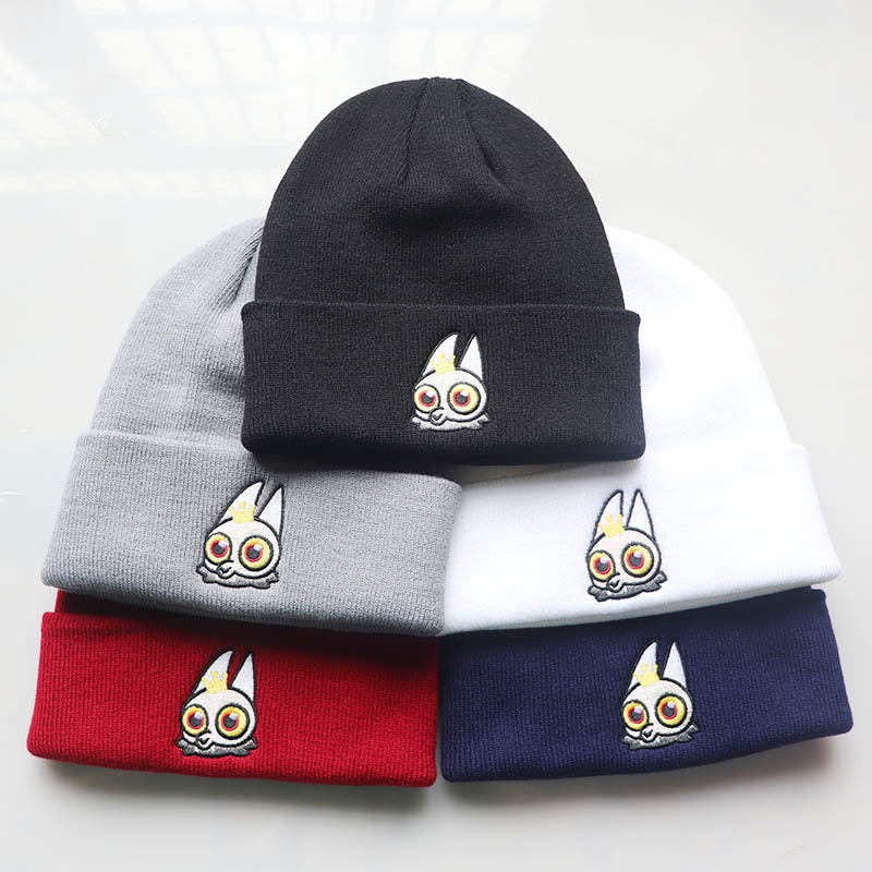 Chapeau tricoté avec broderie de lapin de jeu de dessin animé pour hommes et femmes, chapeau chaud en laine hexagonale pour l'extérieur, automne et hiver, chapeau froid_voghion.com